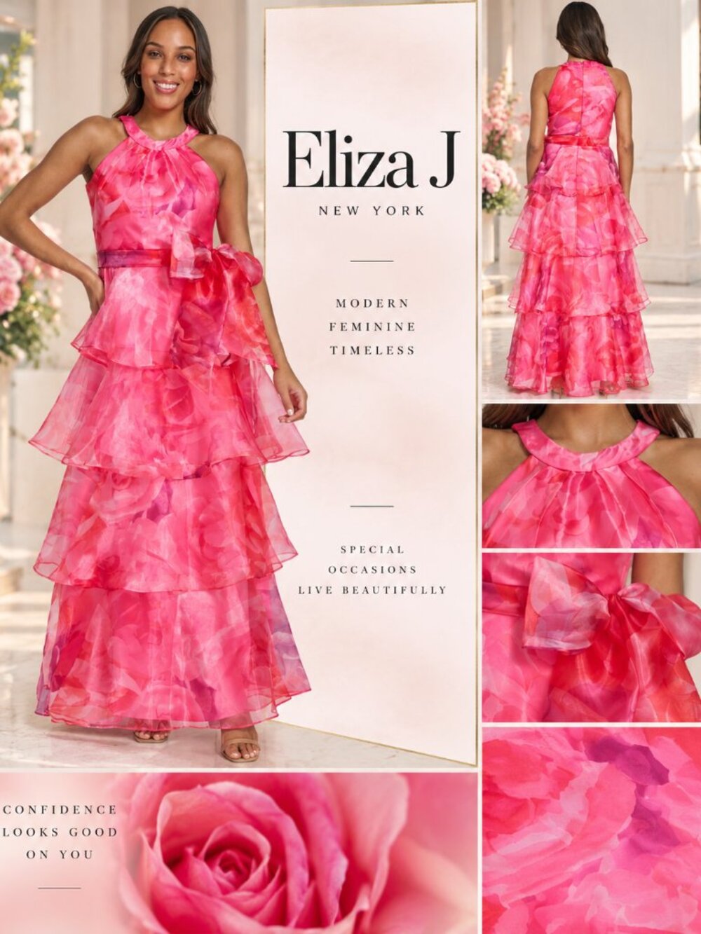 Eliza J Pink Floral Tiered Halter Formal Gown Maxi Dress Size 14 NWT